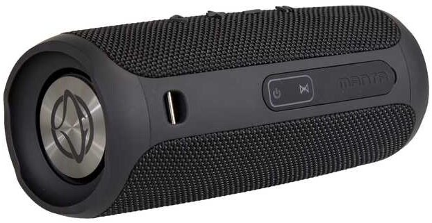 Czarny głośnik Bluetooth Manta z logo i przyciskiem zasilania.