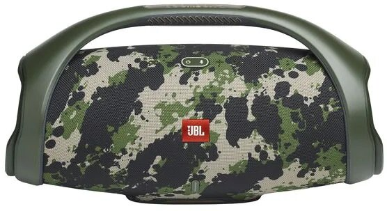 Zielony i maskujący głośnik przenośny JBL, z uchwytem i widocznym czerwonym logo JBL.