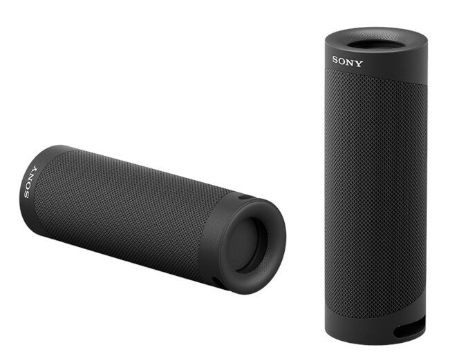 Dwa czarne głośniki cylindryczne, jeden leżący, drugi stojący.