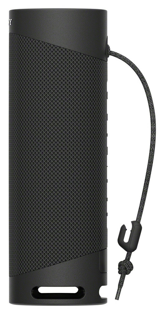 Czarny głośnik cylindryczny z czarnym paskiem. Widoczna nazwa marki Sony.