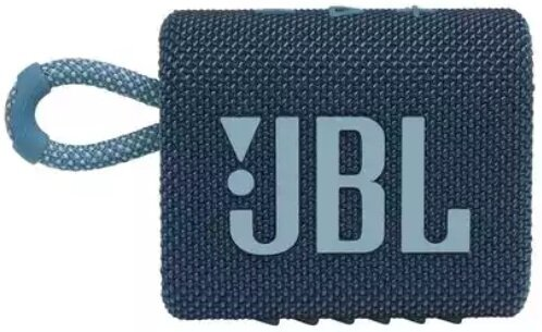 Ciemnoniebieski głośnik JBL z jasnoniebieską pętlą i logo JBL.