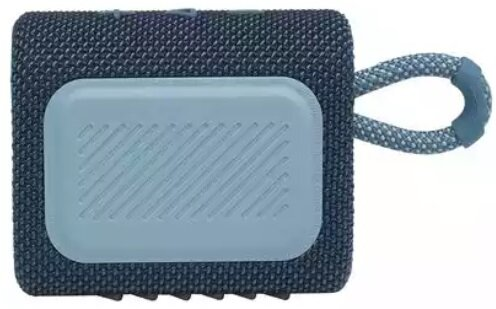 Mały, niebiesko-szary głośnik JBL z uchwytem pętelkowym.