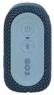 Mały, niebiesko-szary głośnik z przyciskami zasilania i Bluetooth na górze.