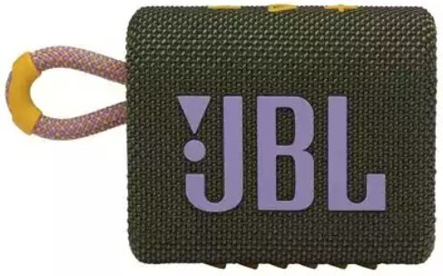 Ciemnozielony głośnik JBL z fioletowo-żółtą pętlą i logo JBL.