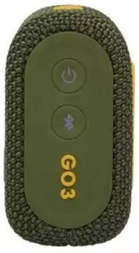 Oliwkowy głośnik JBL z przyciskami i żółtym napisem "GO3".