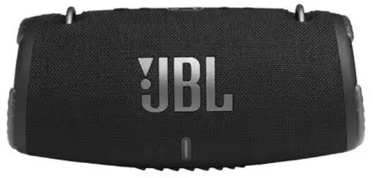 Czarny głośnik JBL. Logo JBL w kolorze białym. Ma dwa uchwyty i siatkowy przód.