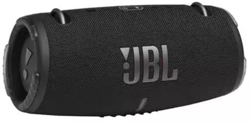 Czarny głośnik JBL z logo w kolorze srebrnym. Ma uchwyty i siatkowy przód.