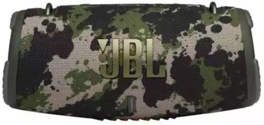 Głośnik JBL w kamuflażu. Zielony, brązowy i czarny wzór kamuflażu. Złote logo JBL.