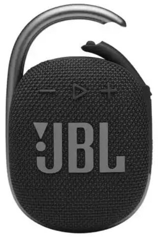 Czarny głośnik JBL Clip ze srebrnym klipsem. Logo JBL jest widoczne.
