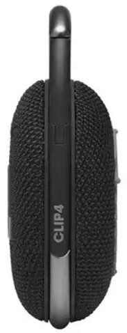 Czarny głośnik JBL Clip 4. Słowo CLIP4 jest widoczne z boku. Srebrny klips na górze.
