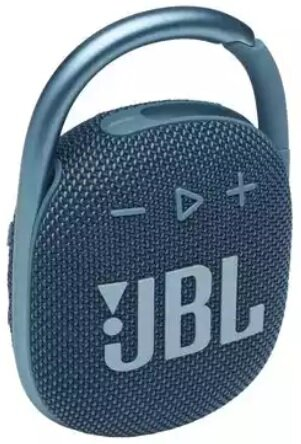 Niebieski głośnik JBL Clip 4 z wbudowanym karabińczykiem, przyciskami plus i minus oraz logo JBL.