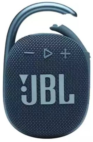 Niebieski głośnik JBL Clip z karabińczykiem. Logo JBL jest widoczne na głośniku.
