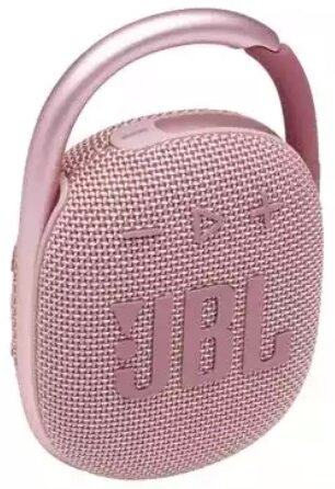 Różowy głośnik JBL z uchwytem. Posiada przyciski i logo JBL z przodu.