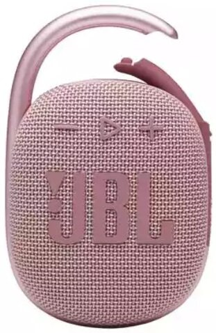 Różowy głośnik JBL Clip z różowym karabińczykiem.
