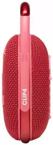 Czerwony głośnik JBL Clip z czerwonym klipsem. Widoczny tekst "CLIP4".