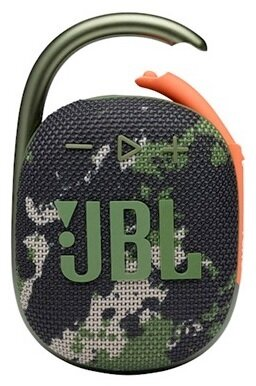 Głośnik JBL Clip 4. Wzór kamuflażu. Zielone i pomarańczowe akcenty. Karabińczyk u góry.