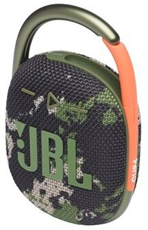 Głośnik JBL Clip 4, zielony kamuflaż z pomarańczowym karabińczykiem.