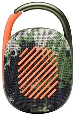 Głośnik w kamuflażu z pomarańczowym paskiem i zielonym metalowym klipsem.