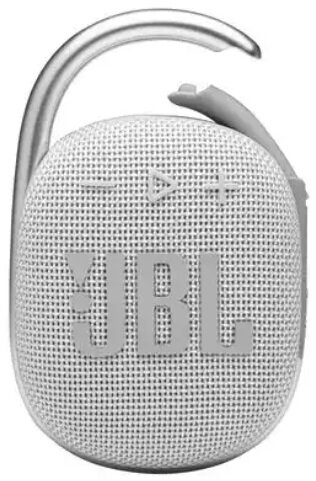 Mały, szary głośnik JBL ze srebrnym klipsem. Głośnik znajduje się na białym tle.