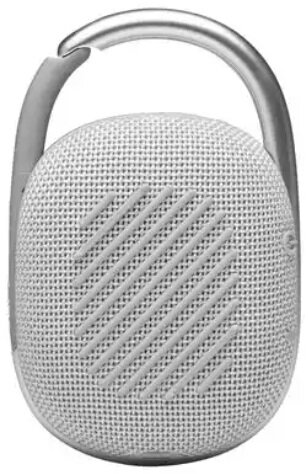 Biały, owalny głośnik przenośny z metalowym uchwytem. Posiada siatkowy przód.