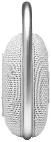 Srebrny głośnik metalowy z uchwytem. Wzór otworów po bokach. Białe tło.