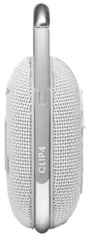 Biały głośnik JBL Clip 4 pokazany z boku, na białym tle.