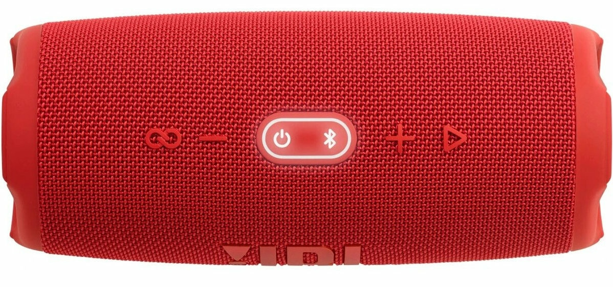 Czerwony głośnik JBL Charge 5 z przyciskami na górze.