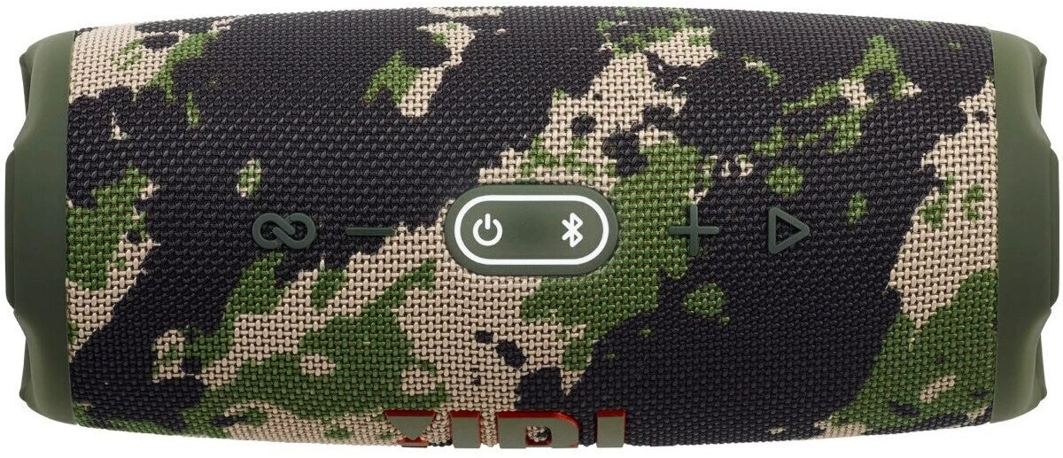 Głośnik JBL w kamuflażu z przyciskami zasilania i bluetooth, widok z góry.