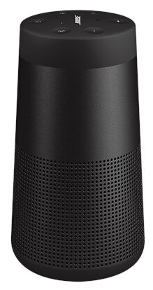 Czarny głośnik inteligentny Bose. Cylindryczny kształt z dolną połową z siatki.