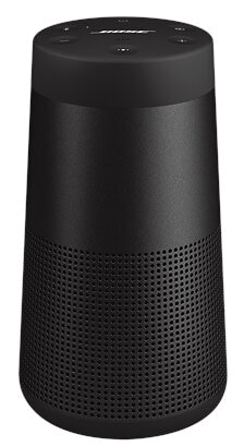 Czarny głośnik Bose z czarną obudową i otworami. Górna część z przyciskami.