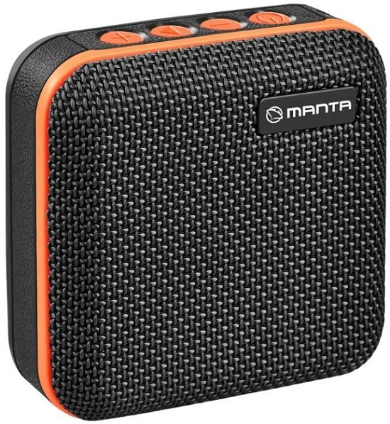 Mały czarny i pomarańczowy głośnik z kontrolkami i logo marki.