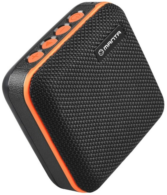 Czarny i pomarańczowy głośnik Manta. Głośnik ma siatkową przednią ścianę.