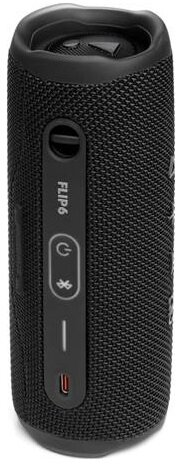 Czarny głośnik JBL Flip 6, widok z boku, z zasilaniem, bluetooth i USB-C.