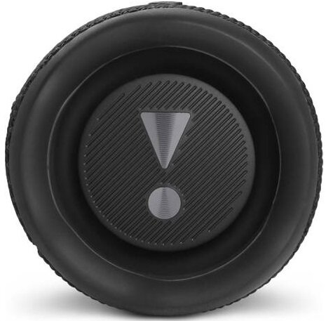 Czarny głośnik, widok z góry, ze znakiem wykrzyknika i kołem pośrodku.