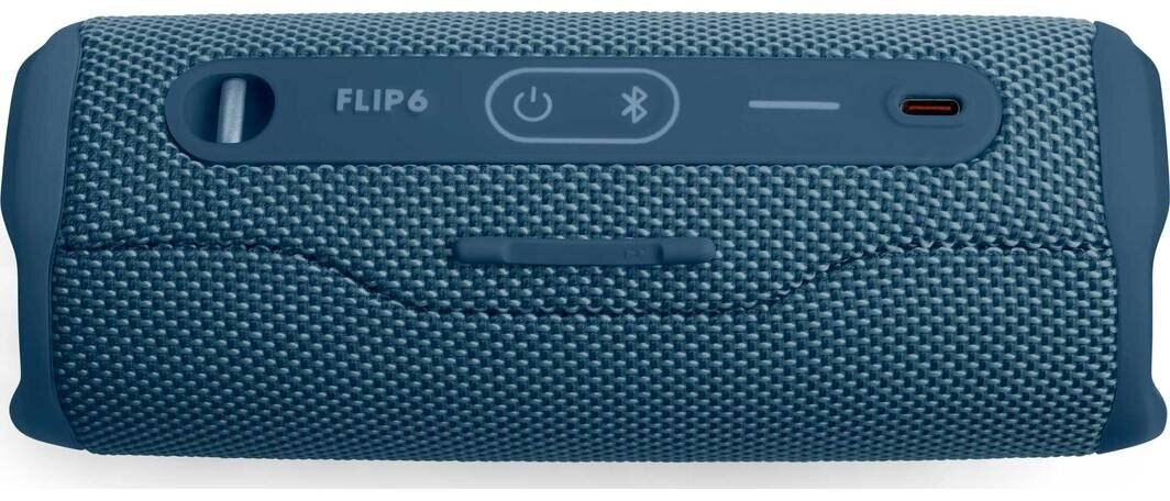 Niebieski głośnik JBL Flip 6 z przyciskami, na białym tle.