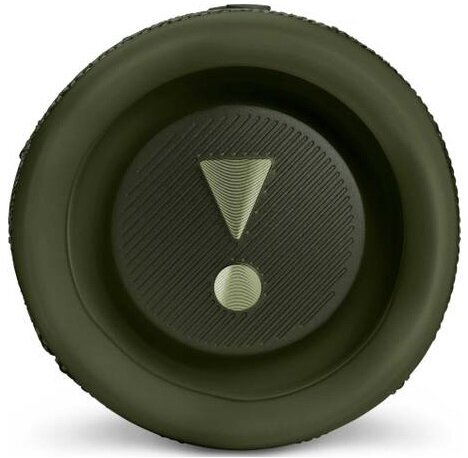 Zielony głośnik z czarnym środkiem, z symbolem znaku wykrzyknika.