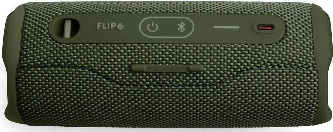 Zielony głośnik JBL Flip 6. Widoczne przyciski zasilania, Bluetooth i regulacji głośności.