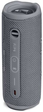 Szary, cylindryczny głośnik z przyciskami, z napisem 'FLIP6'.