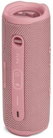 Różowy głośnik JBL z przyciskami i portem ładowania. Ma cylindryczny kształt.