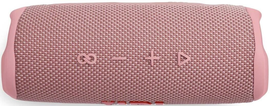 Różowy głośnik z przyciskami sterowania. Głośnik ma różową siatkową tkaninę.