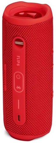 Czerwony, cylindryczny głośnik z przyciskami. Widoczna jest marka 'FLIP 6'.