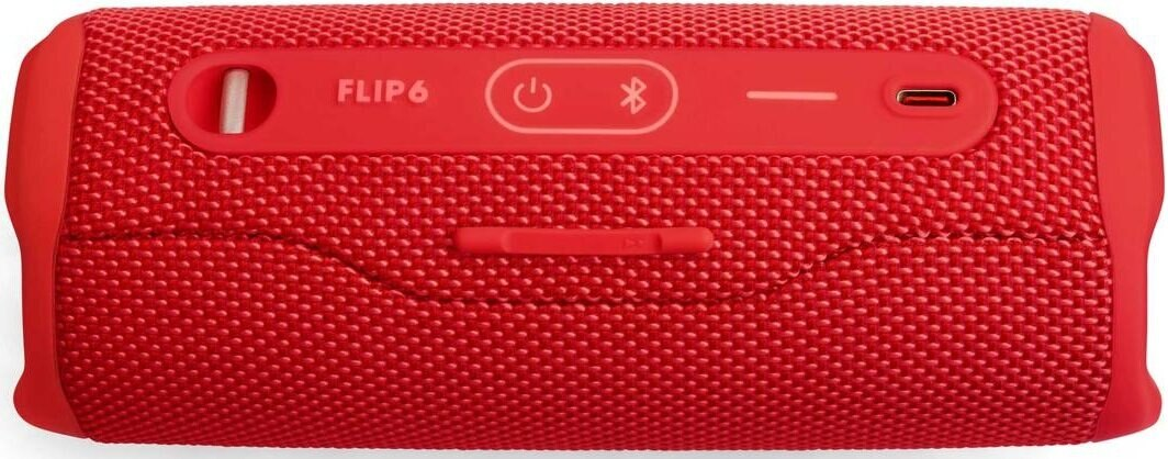 Czerwony głośnik JBL Flip 6 z przyciskami zasilania, bluetooth i USB-C.
