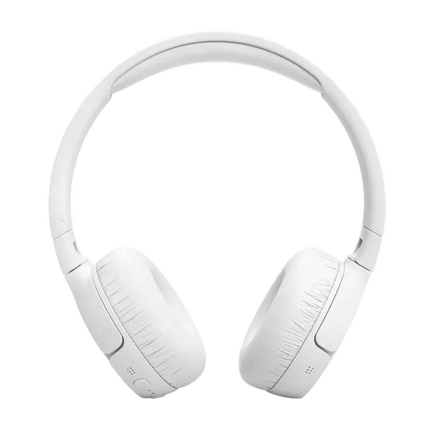 Casque blanc, vue de dessus, avec écouteurs et arceau.