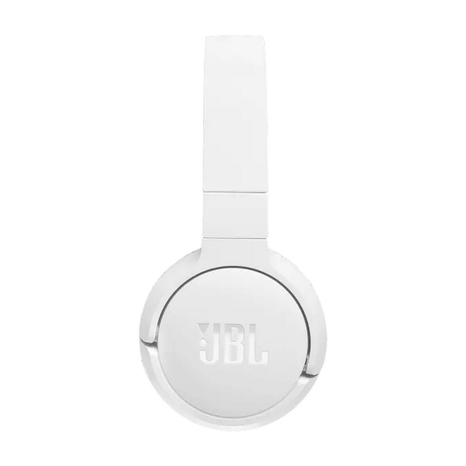 Casque blanc, la vue de dessus montre le logo de la marque. Les oreillettes sont rondes.