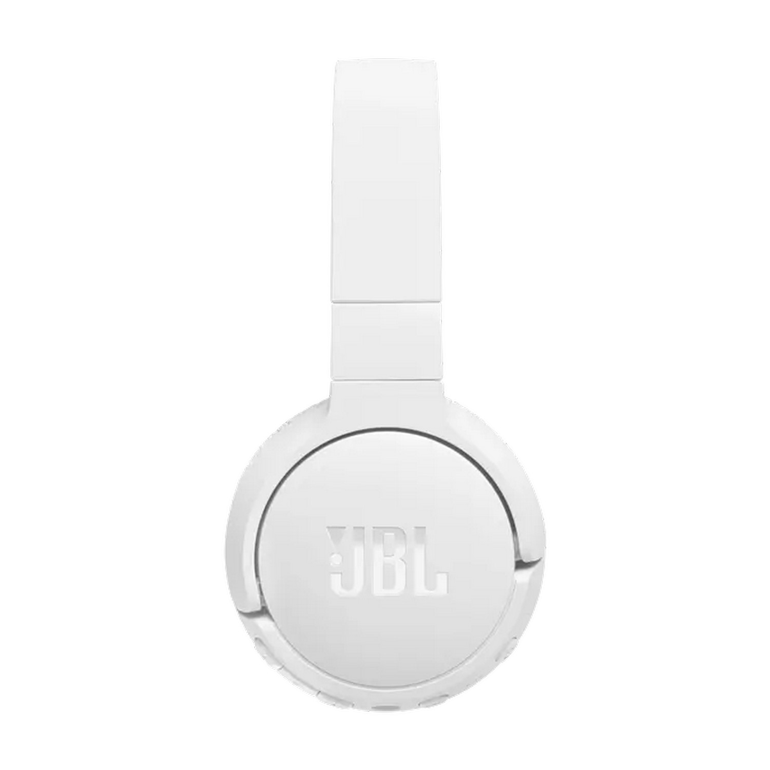 Casque supra-auriculaire JBL blanc avec le logo JBL visible sur un écouteur.