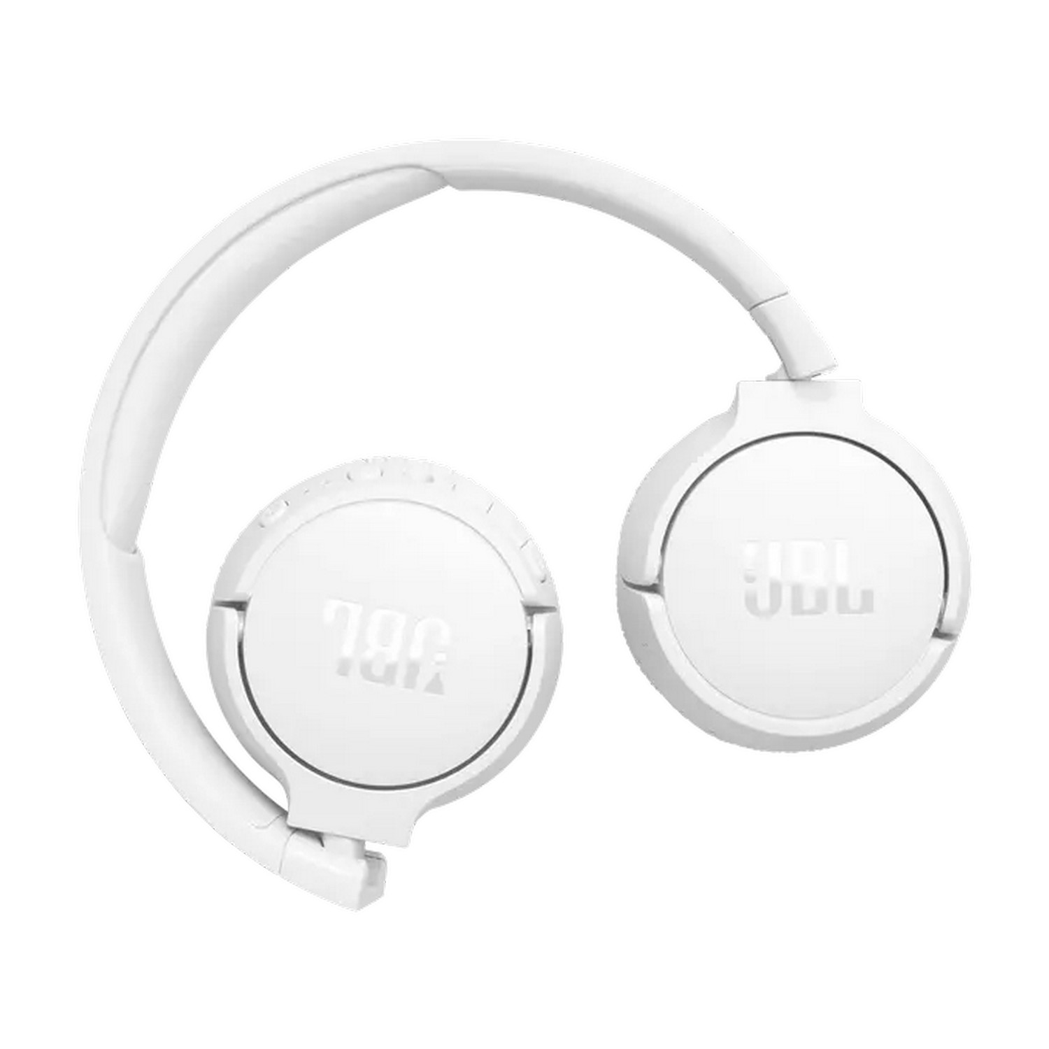 Casque blanc sur fond blanc. Les écouteurs sont pliés.