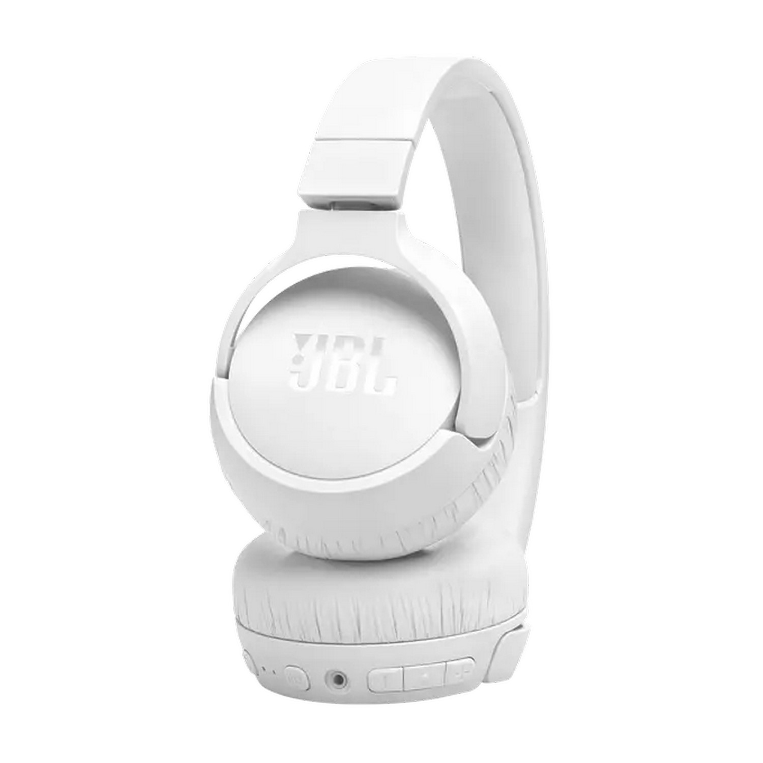 Casque JBL blanc. Ce sont des écouteurs circum-auraux. Le logo est visible sur les oreillettes.