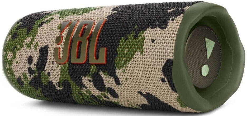 Głośnik JBL z wzorem kamuflażu. Głośnik ma zielony przycisk.