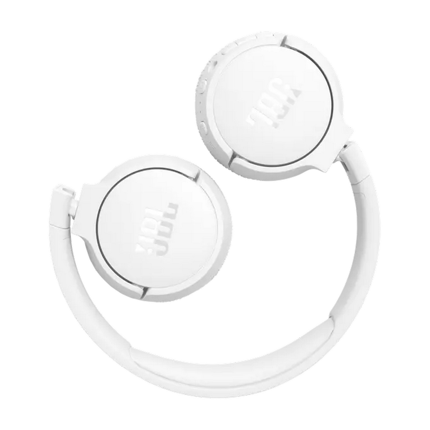 Casque JBL blanc, plié. Oreillettes et arceau visibles sur fond blanc.