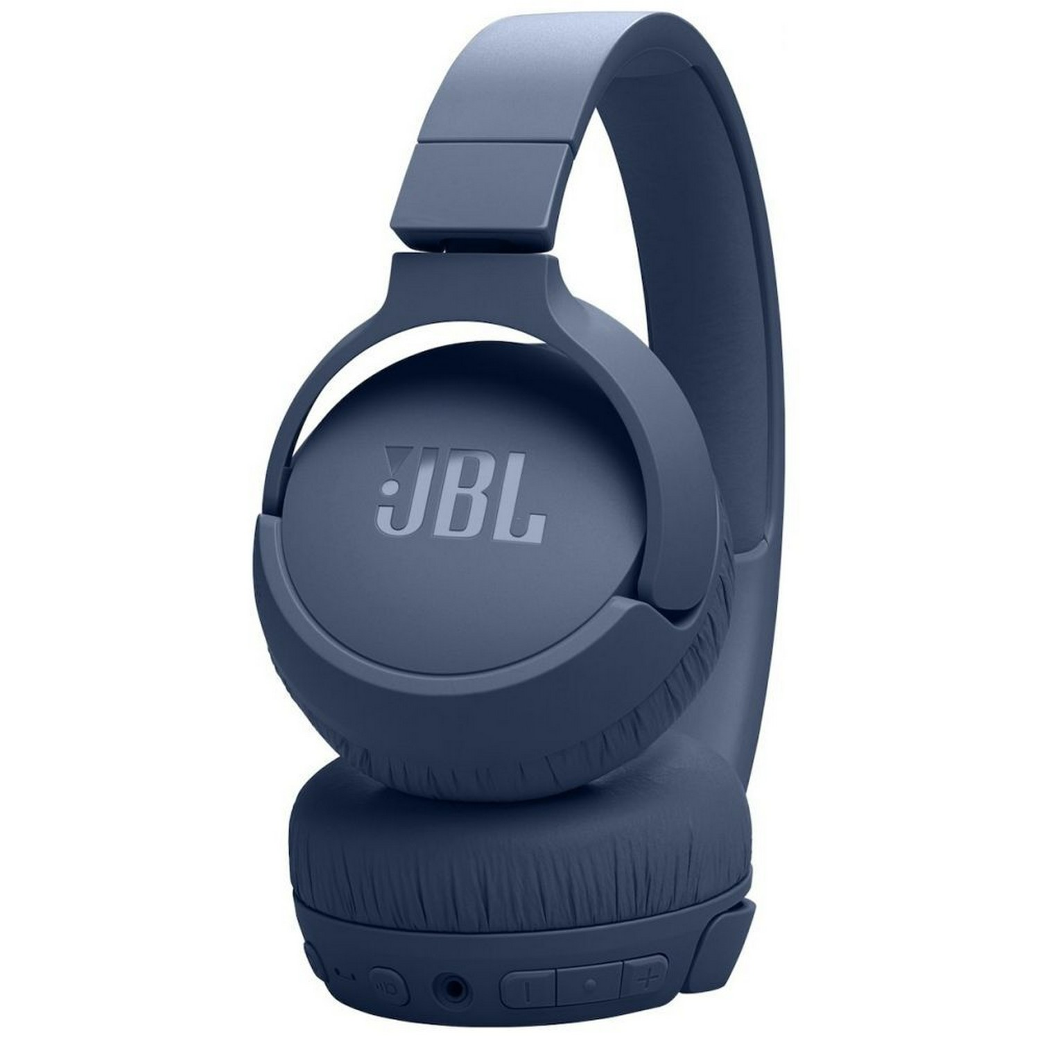 Casque JBL bleu. Le casque est incliné et les écouteurs sont visibles. La marque est visible.